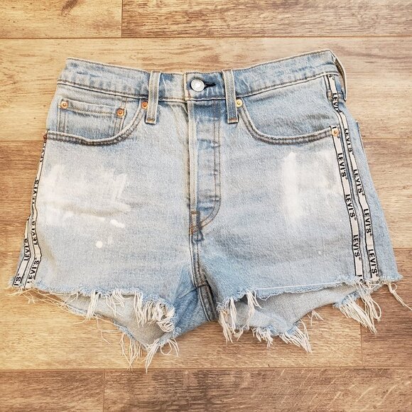 Levi's Women’s 501 Cut Off Shorts Women's Canvas Stripe Spell Out Button Fly 26 - Picture 1 of 10